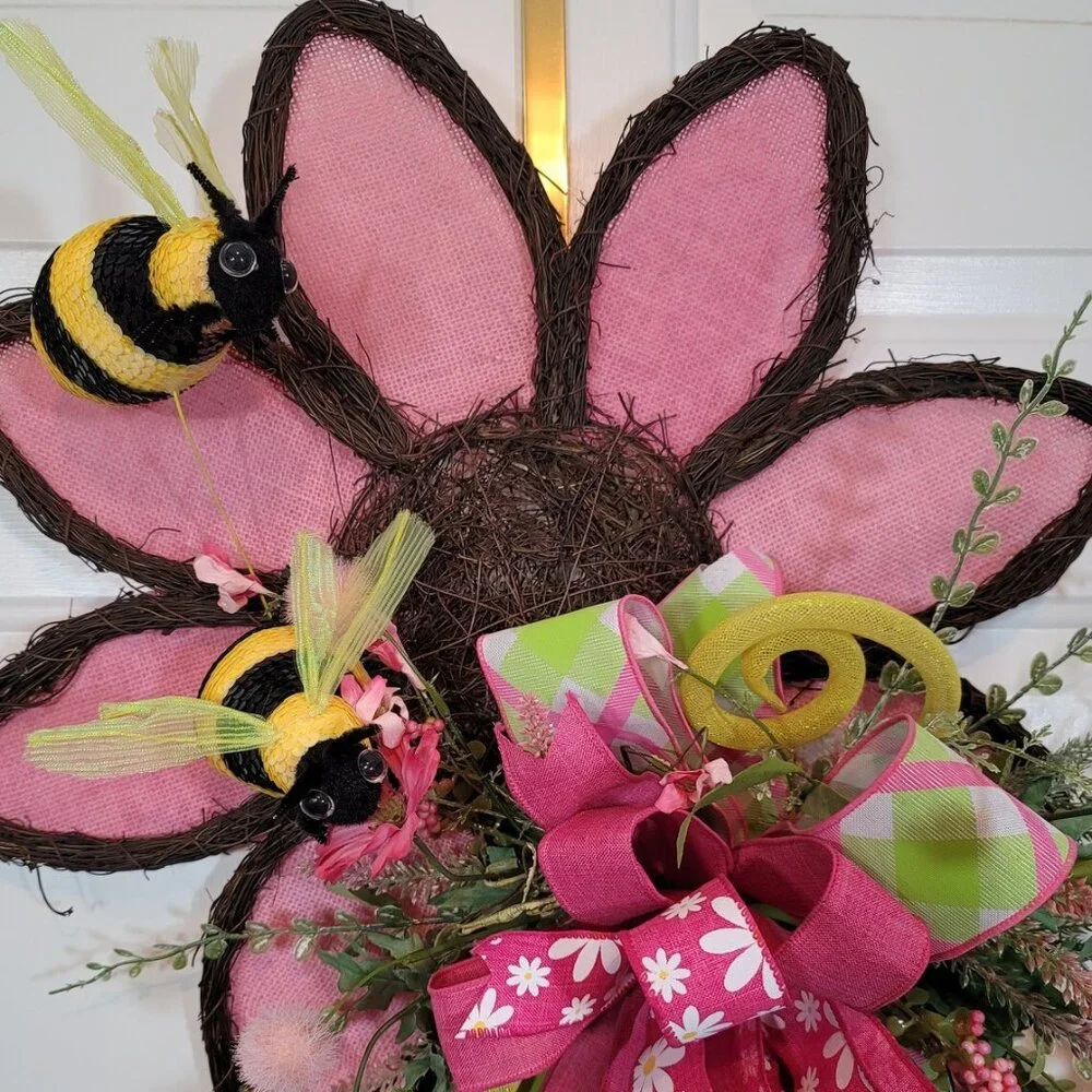 Pink Sunflower with Bees Wreath, Pink Sunflower/Bee‎ Front Door Wreath